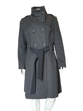 Alice Blue Couture Wool Double-Breasted Belted Coat Size Large Gray Stand Collar